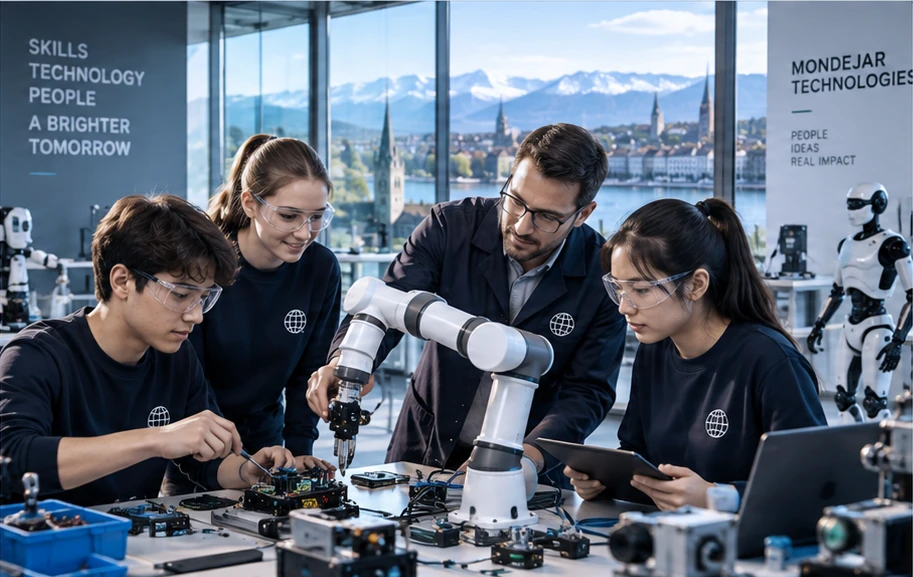 Conceptual image of young engineering learners and a mentor working together on a robotic arm in a bright Swiss-inspired technology laboratory