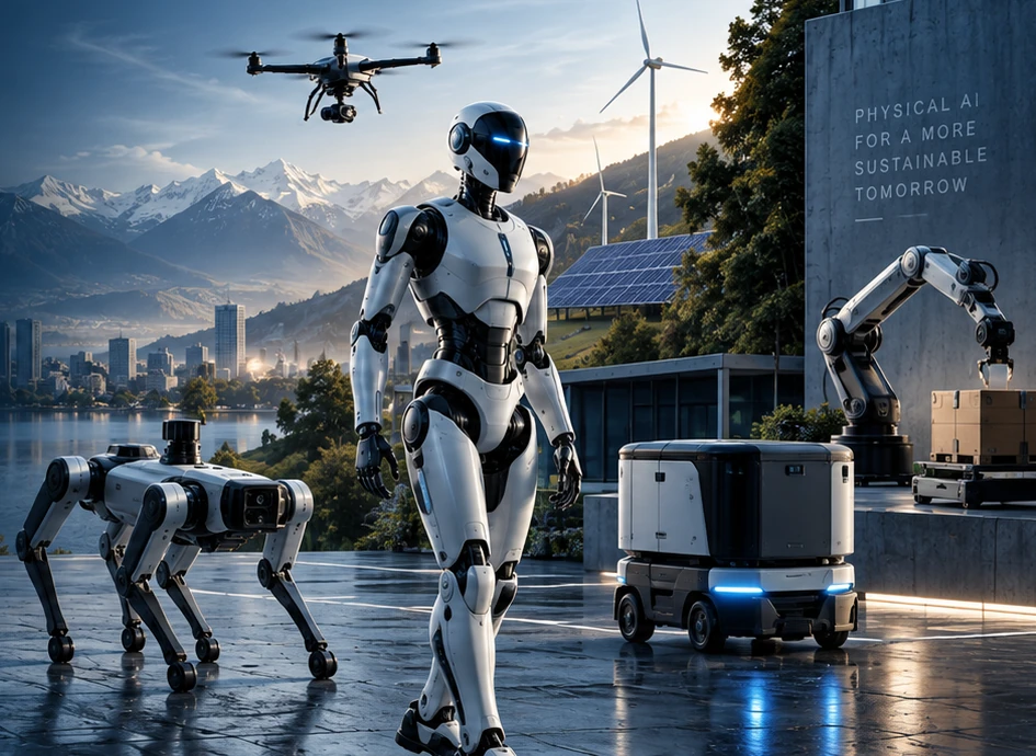 Physical AI ecosystem featuring a humanoid robot, quadruped robot, drone, mobile rover and robotic arm