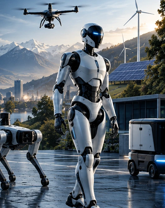 Concept illustration of humanoid and quadruped robots, an autonomous delivery rover and drone in a Swiss-inspired Alpine technology setting